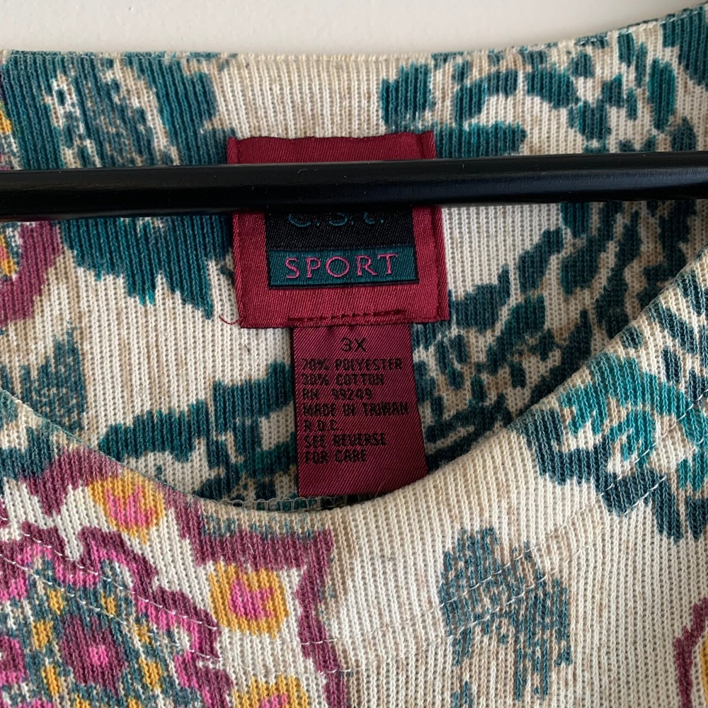 Vintage C.S.T. Sport Paisley Floral Knit Top 3X Teal Magenta Padded Shoulder - Picture 4 of 5